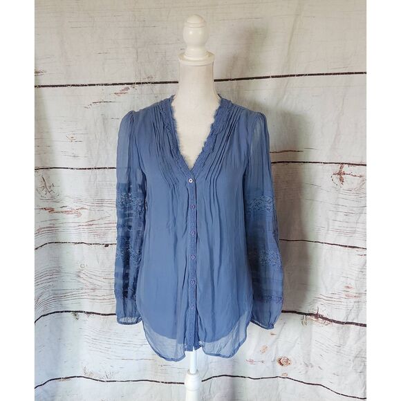 Sundance Button Front Flowy Lace Trimmed Blouse Size XS - Picture 1 of 7